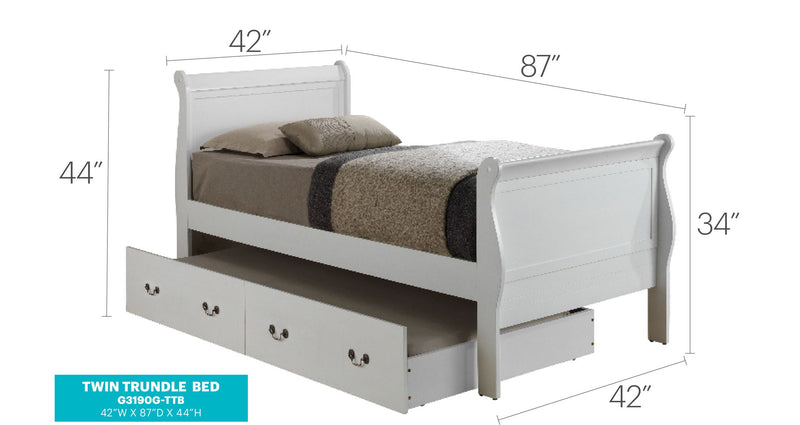 Elegant Glory Furniture trundle bed with classic design, shown with a mattress, showcasing its timeless charm and functional style.