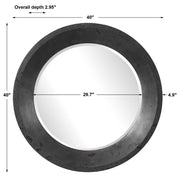 Round black industrial wall mirror by Uttermost featuring a sleek metal frame for modern industrial decor.