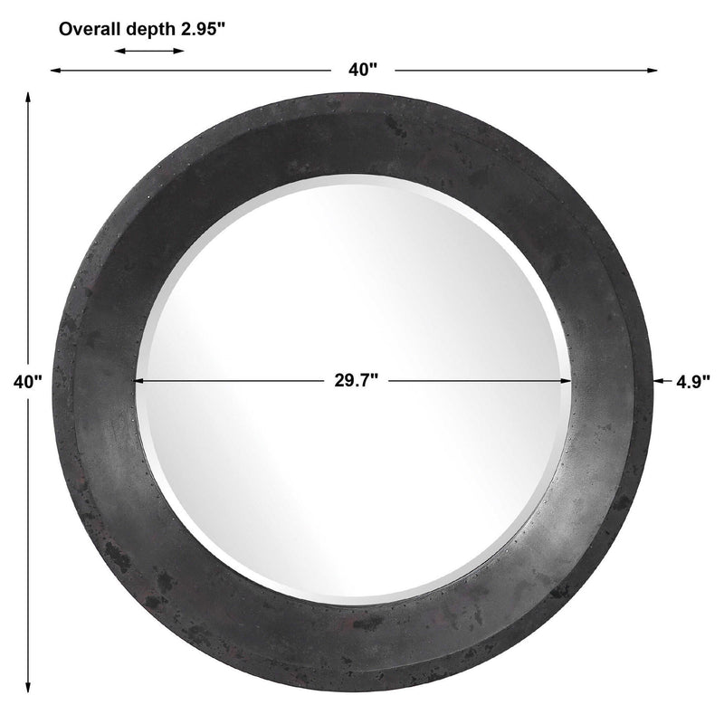 Round black industrial wall mirror by Uttermost featuring a sleek metal frame for modern industrial decor.