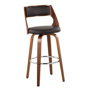 Set of two Lumi Source Cecina mid-century modern barstools with swivel seats, featuring sleek wooden legs and upholstered seats.