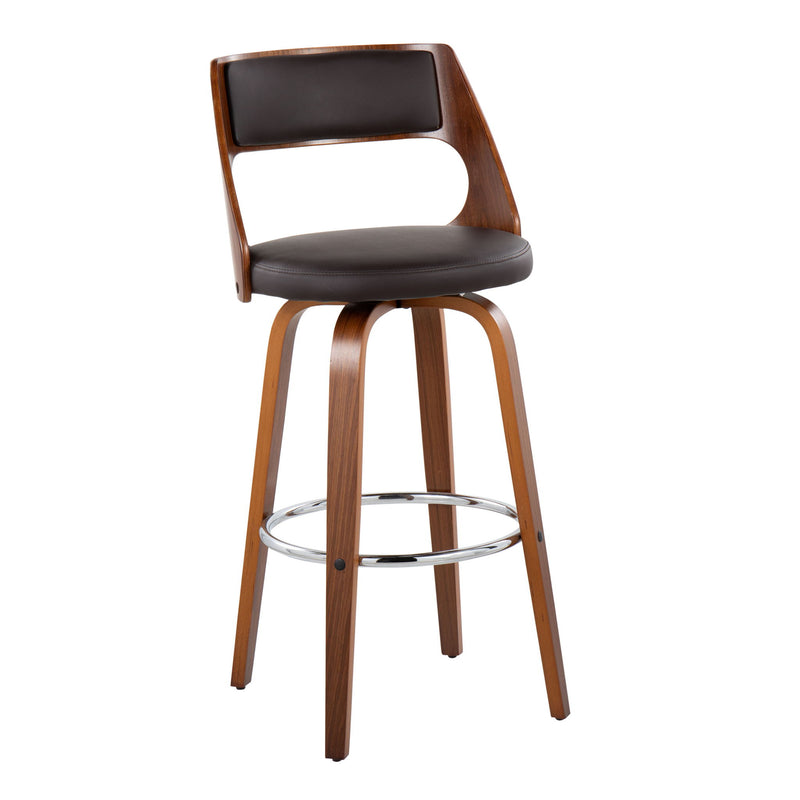 Set of two Lumi Source Cecina mid-century modern barstools with swivel seats, featuring sleek wooden legs and upholstered seats.