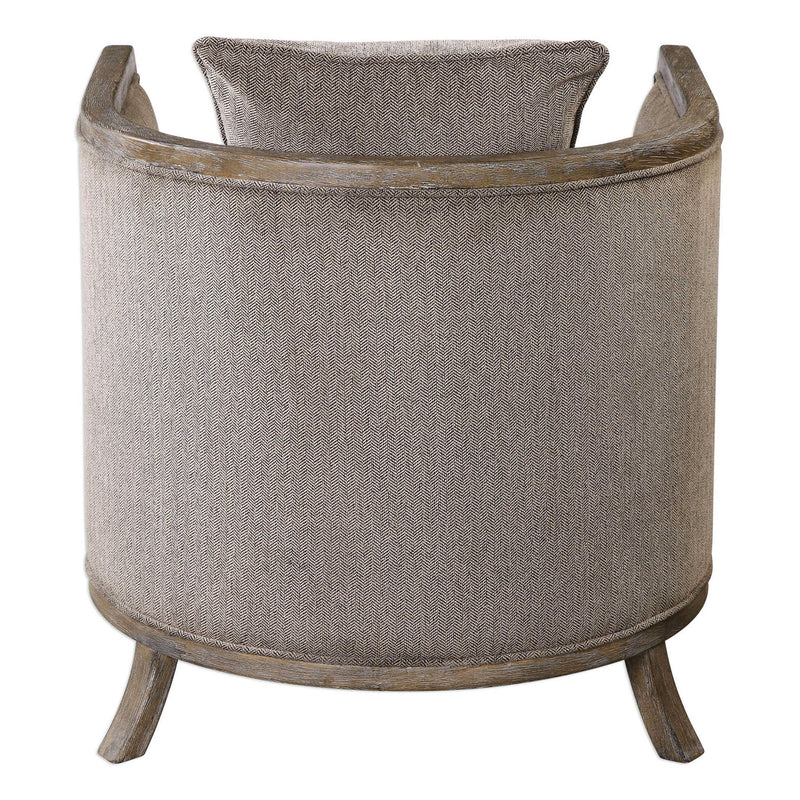 Gray Viaggio Chenille Accent Chair by Uttermost with plush upholstery and modern design, shown from a front angle.