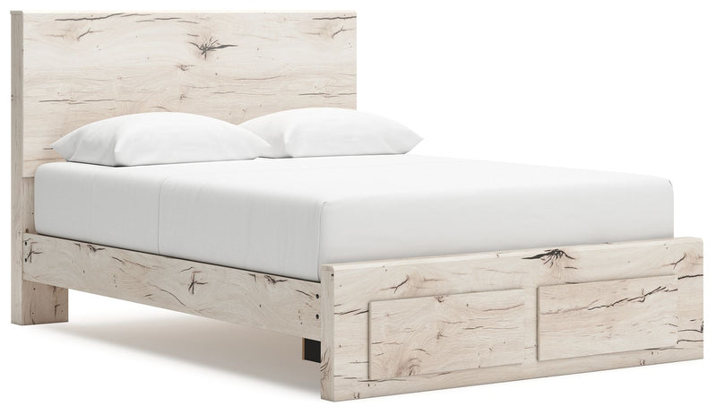 Signature Design by Ashley Lawroy panel storage bed with built-in drawers and a modern wooden finish in a bedroom setting.