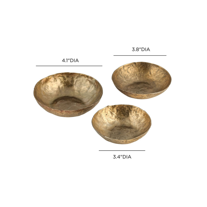 Set of three Shah hammered iron catchall round bowls in antique brass, decorative serving bowls by TOV Furniture.