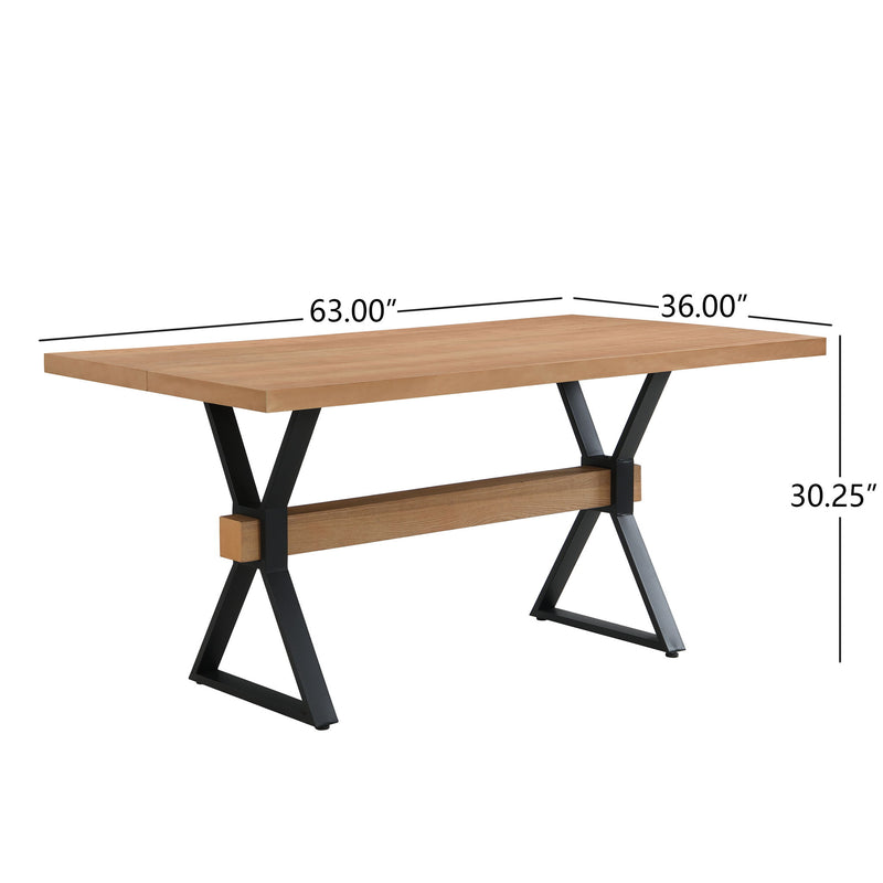 Noble House farmhouse style dining table with X-shaped legs and metal accents in natural wood finish.