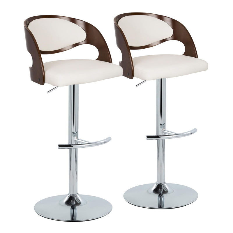 Set of two Lumi Source Pino mid-century modern adjustable barstools with chrome frames, cherry seats, white rounded T-footrests, and swivel.
