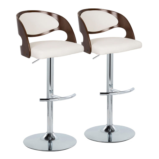 Set of two Lumi Source Pino mid-century modern adjustable barstools with chrome frames, cherry seats, white rounded T-footrests, and swivel.