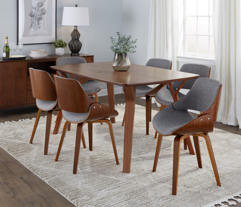 Lumi Source Folia Fabrizzi 7-piece mid-century modern dining set with wooden table and matching chairs in a stylish dining room.