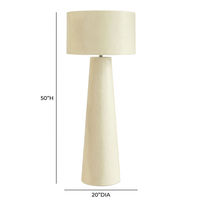 TOV Furniture Yala Papier Mache Floor Lamp in cream with a textured, sculptural design and a tall, cylindrical shape.