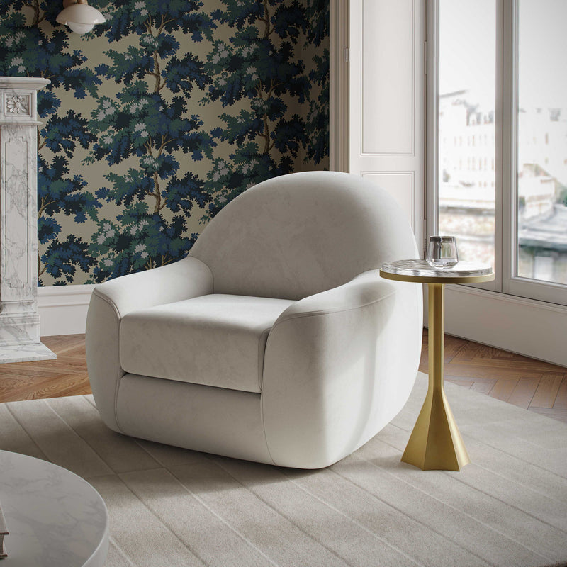 TOV Furniture Tiago swivel chair with modern design, padded seat, and backrest, featuring a sleek metal base and armrests.
