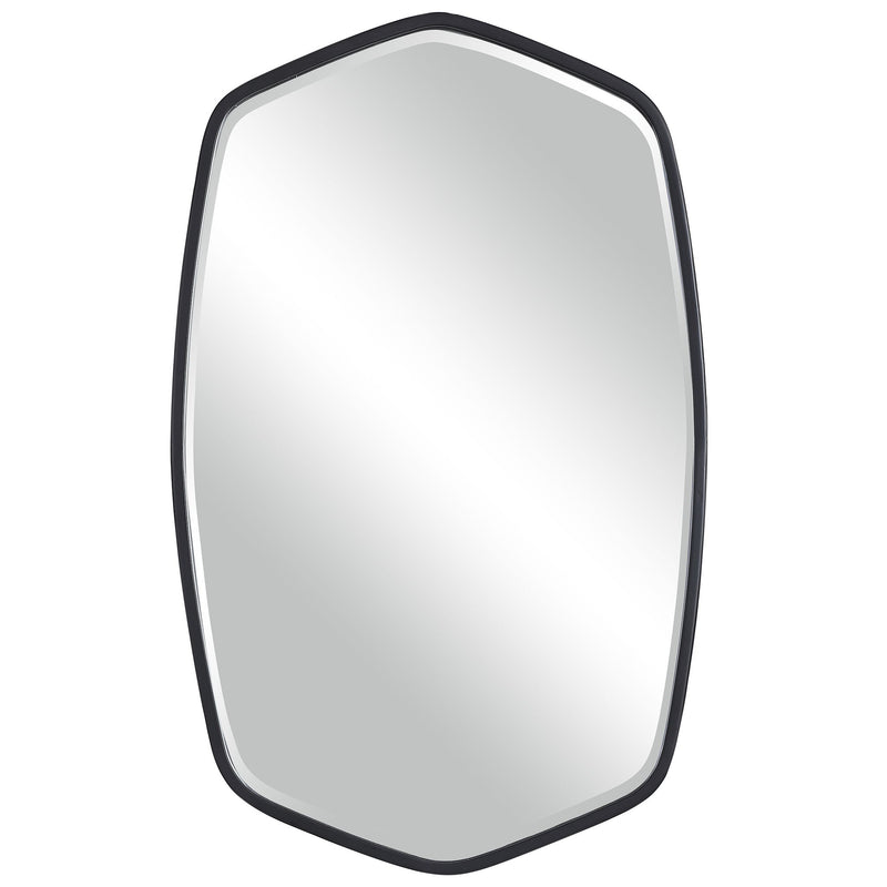 Uttermost Duronia iron wall mirror with a sleek, modern design and round frame, ideal for contemporary home decor.