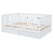 DreamHaus storage daybed with fence guardrails, two drawers, and split design for independent floor bed and daybed use.