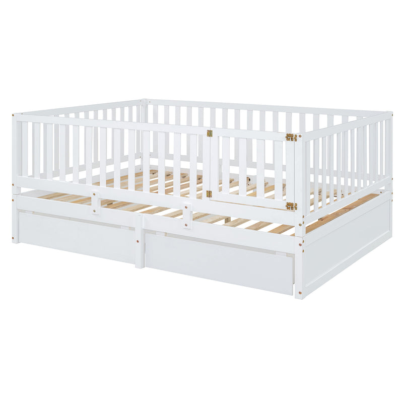 DreamHaus storage daybed with fence guardrails, two drawers, and split design for independent floor bed and daybed use.