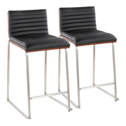 Two contemporary Lumi Source Mason Mara fixed height counter stools with wooden seats and metal legs, set against a modern kitchen background.