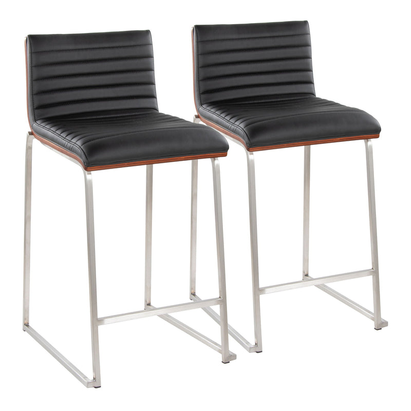 Two contemporary Lumi Source Mason Mara fixed height counter stools with wooden seats and metal legs, set against a modern kitchen background.