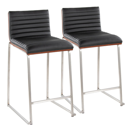 Two contemporary Lumi Source Mason Mara fixed height counter stools with wooden seats and metal legs, set against a modern kitchen background.