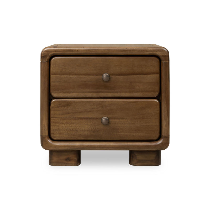 Modus Boka Two Drawer Acacia Wood Nightstand in Impala with sleek design and natural wood finish, featuring metal handles and sturdy construction.