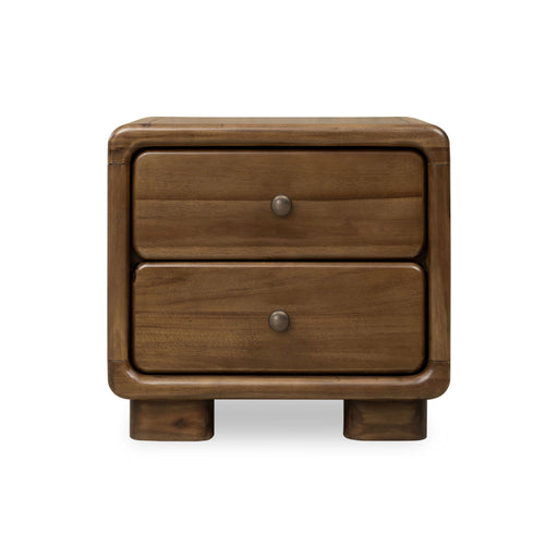 Modus Boka Two Drawer Acacia Wood Nightstand in Impala with sleek design and natural wood finish, featuring metal handles and sturdy construction.