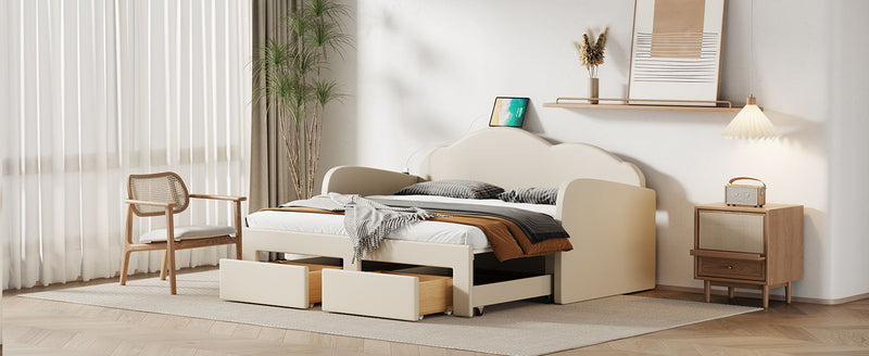 Upholstered Daybed With Cloud-Shaped Backrest, Trundle & 2 Drawers And USB Ports - R&R Furniture Gallery (Fountain Valley, CA)