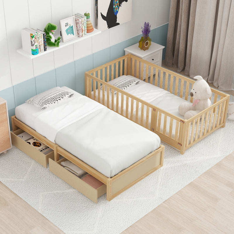 DreamHaus storage daybed with fence guardrails and two drawers, shown split into a floor bed and daybed setup.