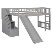 DreamHaus loft stairway bed with two drawers, convertible ladder, and slide, featuring a modern design for kids' or teens' rooms.