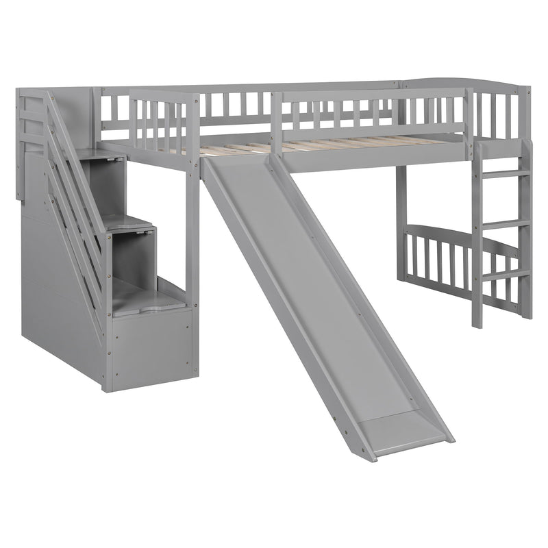 DreamHaus loft stairway bed with two drawers, convertible ladder, and slide, featuring a modern design for kids' or teens' rooms.