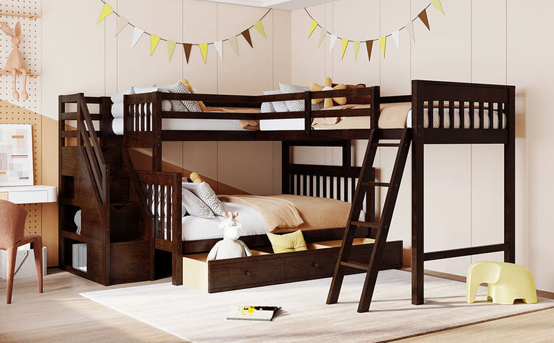 Solid L Shaped Bunk Bed With 3 Drawers, Ladder And Staircase - R&R Furniture Gallery (Fountain Valley, CA)