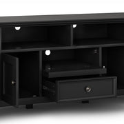 Simpli-Home Amherst wide TV media stand with open shelves and storage cabinets, ideal for modern living room organization.