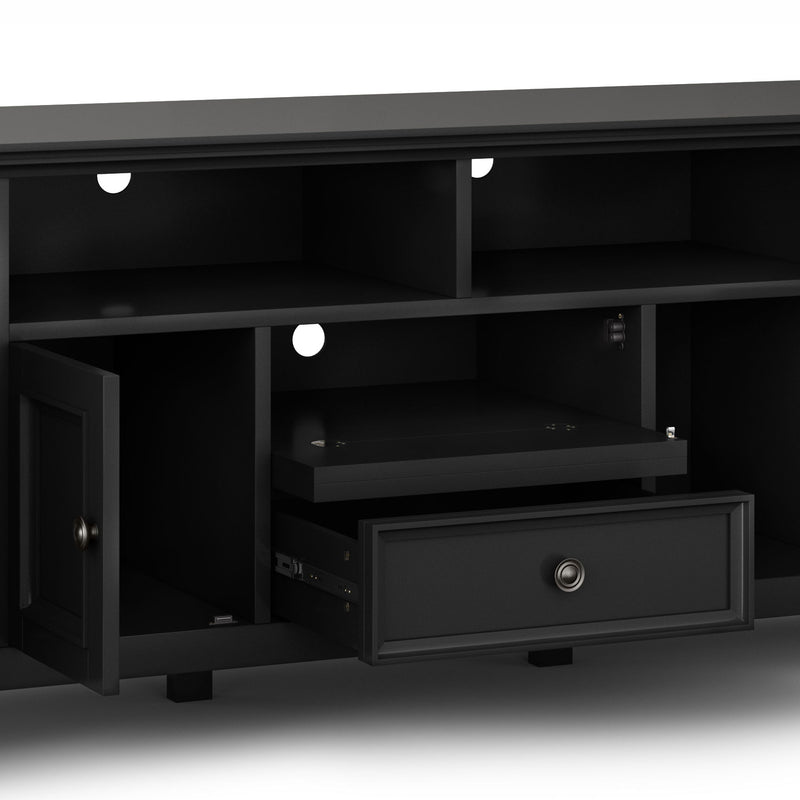 Simpli-Home Amherst wide TV media stand with open shelves and storage cabinets, ideal for modern living room organization.