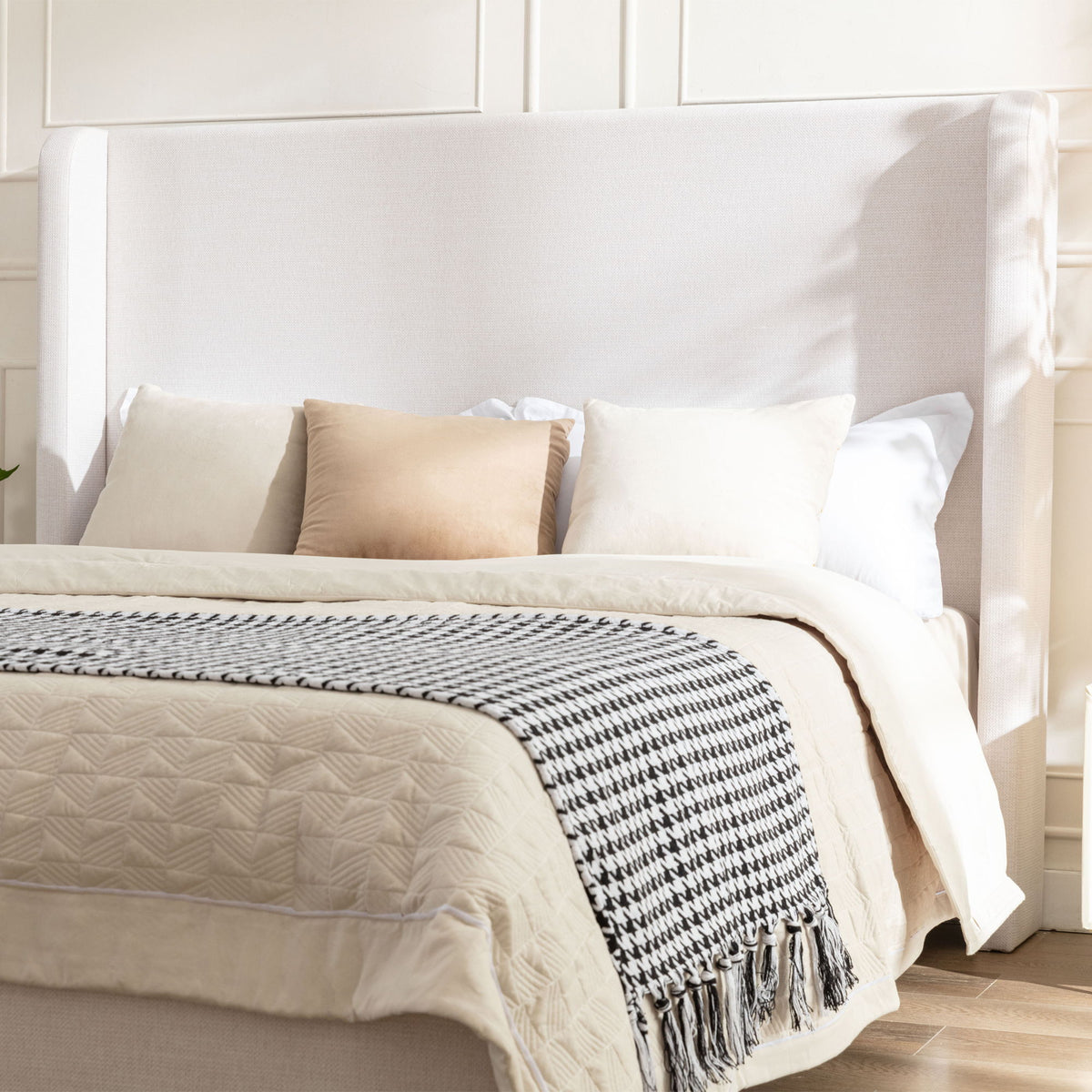 Hayden king size upholstered wingback bed with tall 54-inch ivory headboard by House & Home Furniture