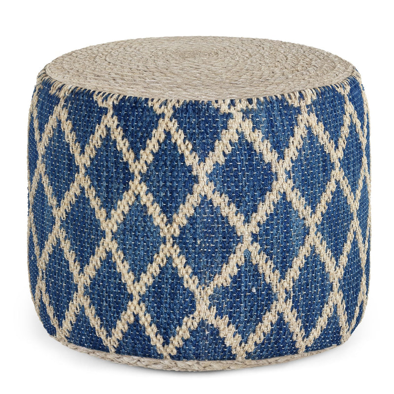 Simpli-Home Edgeley handcrafted round accent pouf with woven fabric and plush cushion, ideal for living room or seating area.
