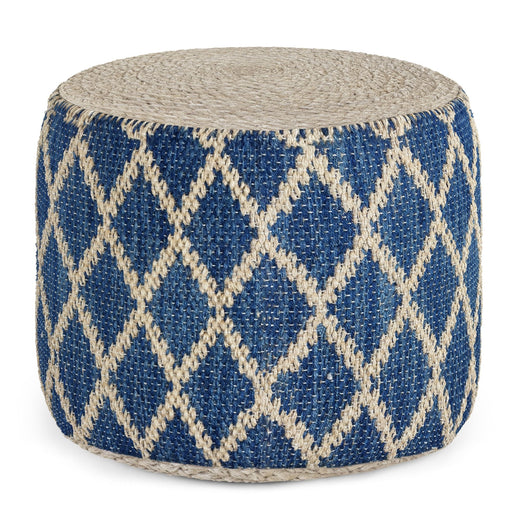 Simpli-Home Edgeley handcrafted round accent pouf with woven fabric and plush cushion, ideal for living room or seating area.