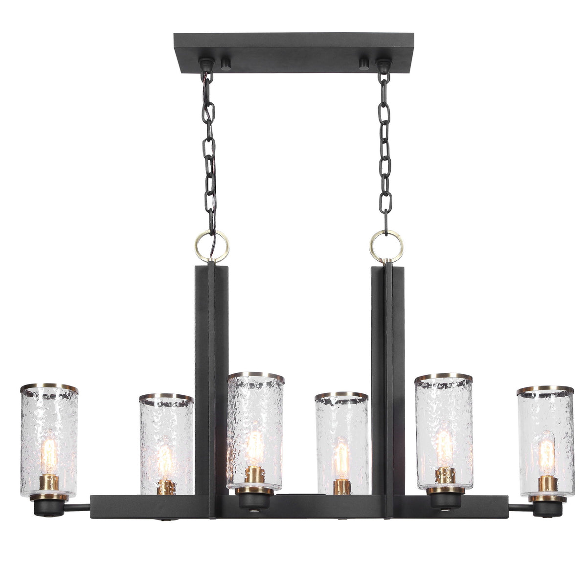 Uttermost Jarsdel 6-light black industrial island pendant light with cylindrical metal shades and chain suspension.