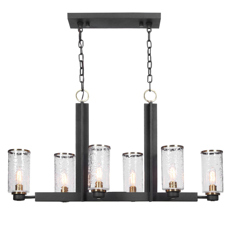 Uttermost Jarsdel 6-light black industrial island pendant light with cylindrical metal shades and chain suspension.