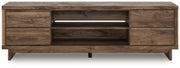 Signature Design by Ashley Zadilyn TV stand with built-in fireplace feature, dark wood finish, modern design, and ample storage.