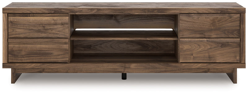 Signature Design by Ashley Zadilyn TV stand with built-in fireplace feature, dark wood finish, modern design, and ample storage.