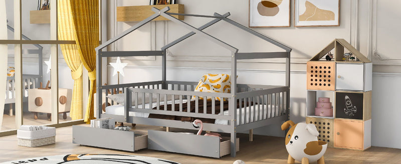 DreamHaus house bed with built-in storage drawers, featuring a cozy house-shaped frame and two spacious drawers underneath.
