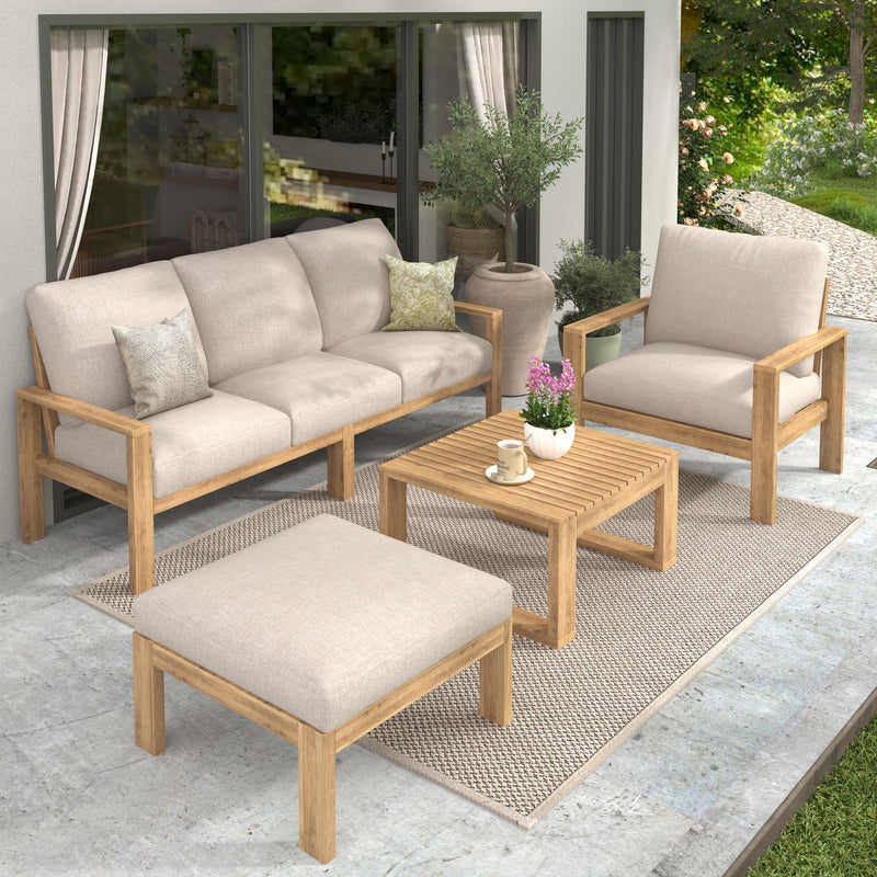 Outdoor 4 Pieces Acacia Sectional Patio Sofa Set - Light Gray / Teak - R&R Furniture Gallery (Fountain Valley, CA)
