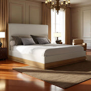 ACME Zoey upholstered bed with padded headboard and fabric upholstery, showcasing a modern, stylish bedroom centerpiece.