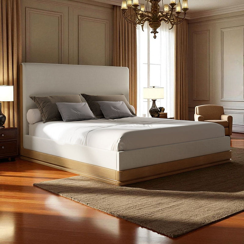 ACME Zoey upholstered bed with padded headboard and fabric upholstery, showcasing a modern, stylish bedroom centerpiece.