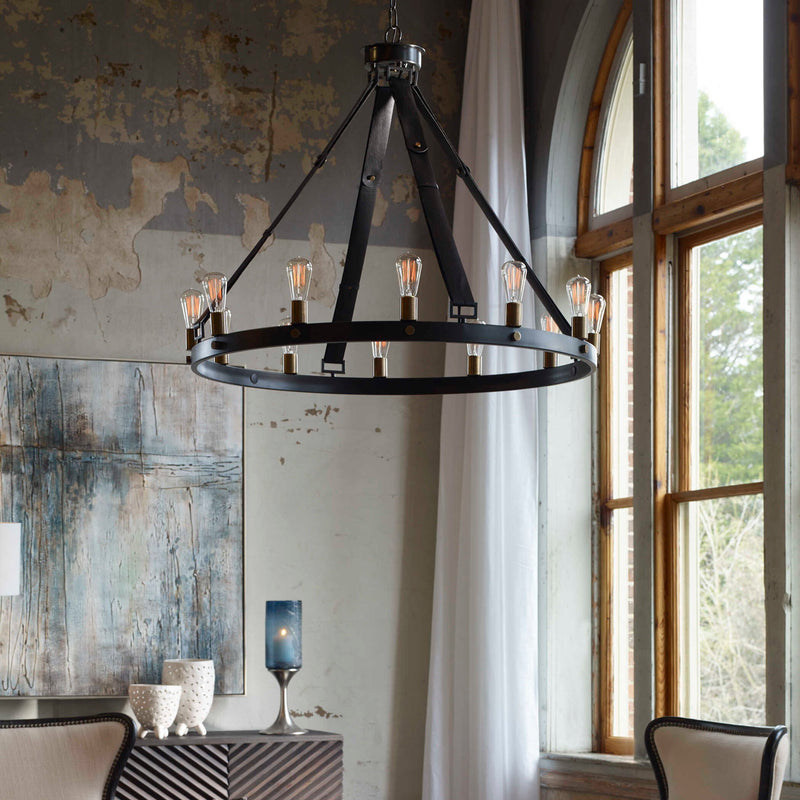 Uttermost Marlow 12-light black circle chandelier with modern design, featuring multiple light fixtures and sleek black finish.