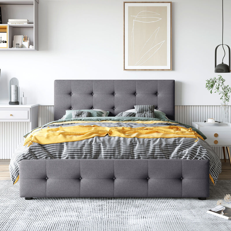 DreamHaus upholstered storage platform bed with classic headboard and built-in drawers, no box spring needed, in a modern bedroom setting.