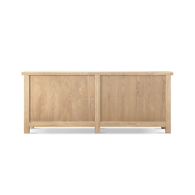 Jennifer Taylor Home Rowan 4-door sideboard cabinet in natural wood finish, featuring sleek design and spacious storage.