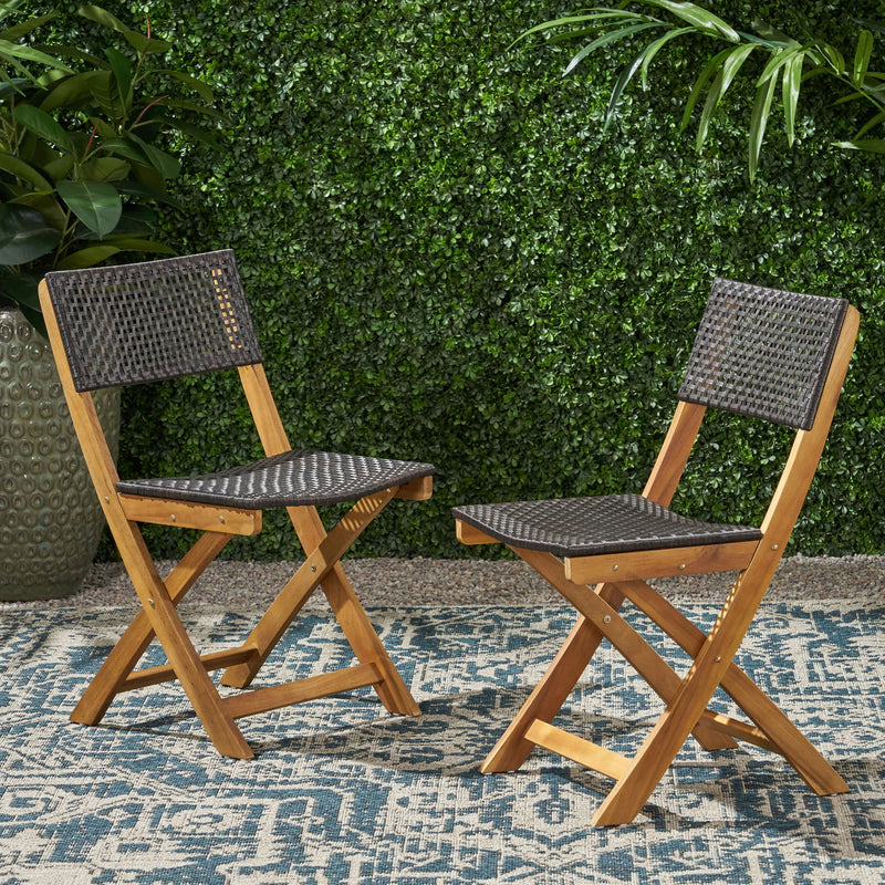 Noble House foldable bistro chair with wicker backrest and armless design, ideal for outdoor or patio seating.