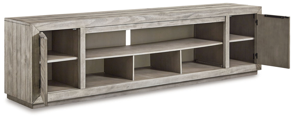 Naydell - XL TV Stand w/Fireplace Option - Gray - R&R Furniture Gallery (Fountain Valley, CA)