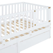 DreamHaus storage daybed with fence guardrails, two drawers, convertible into separate floor bed and daybed, in a modern bedroom setting.
