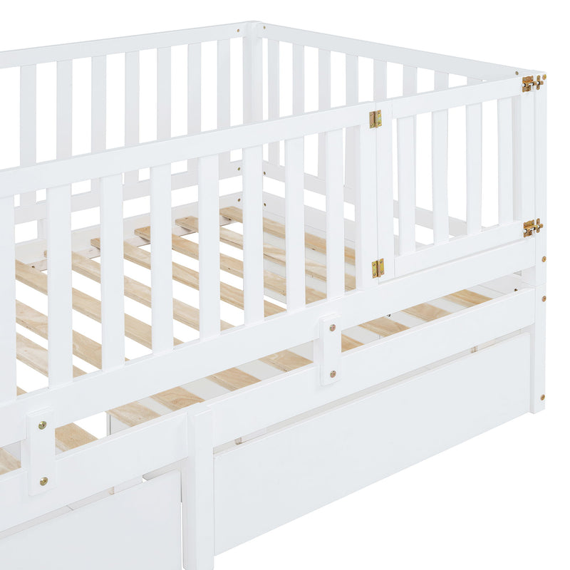 DreamHaus storage daybed with fence guardrails, two drawers, convertible into separate floor bed and daybed, in a modern bedroom setting.