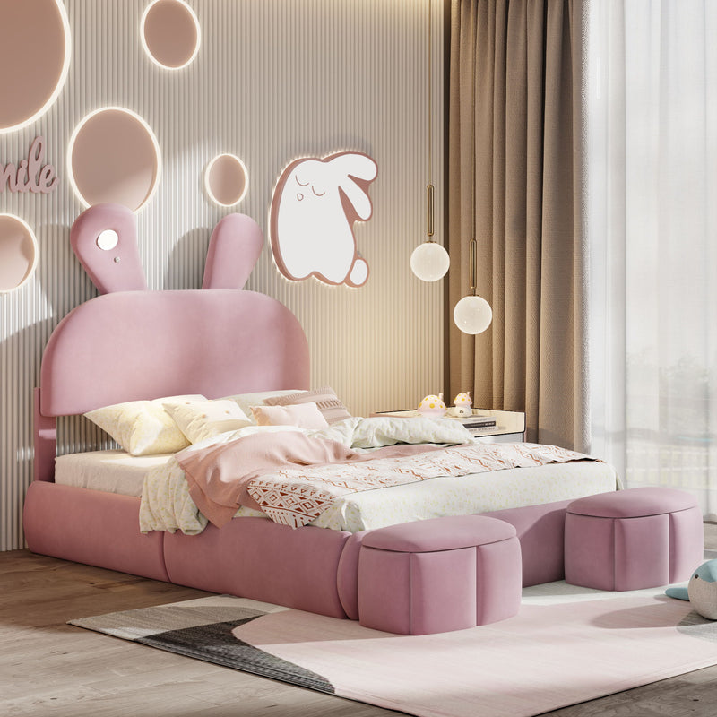 Full Upholstered Platform Bed With Cartoon Ears Headboard And LED Light - Pink - R&R Furniture Gallery (Fountain Valley, CA)