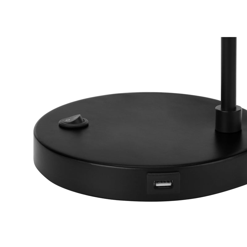 Modern black 8th Street table lamp with USB port for convenient charging, featuring a sleek design and soft lighting.