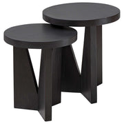Pair of Uttermost Nadette nesting tables with sleek wood tops and black metal legs, perfect for modern living spaces.